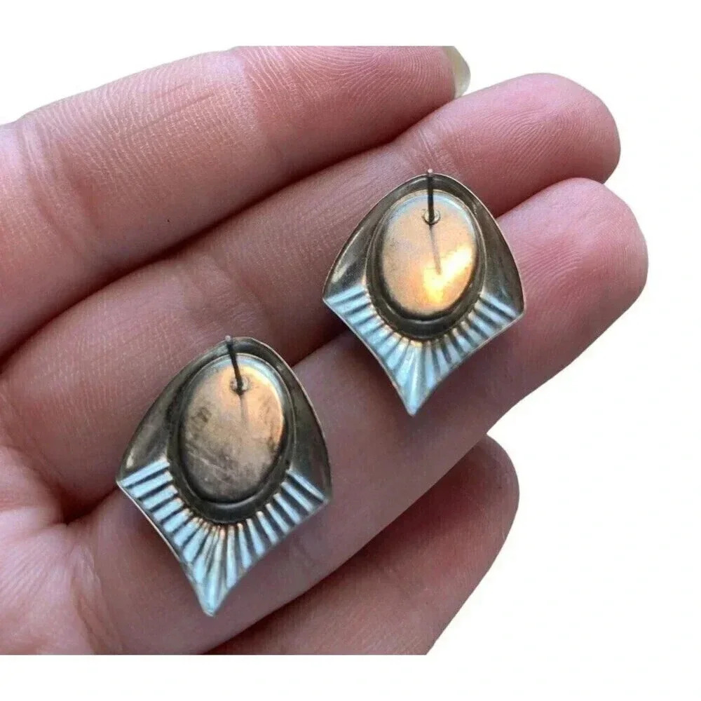 Vintage Silver Brecciated Jasper Earrings Oval Stone Boho Hippie Natural 1in - Picture 3 of 5